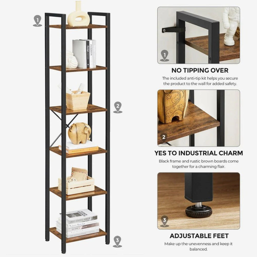 6 Tier Narrow Bookcase With Steel Frame – product view 10 | Ridgefield Furniture