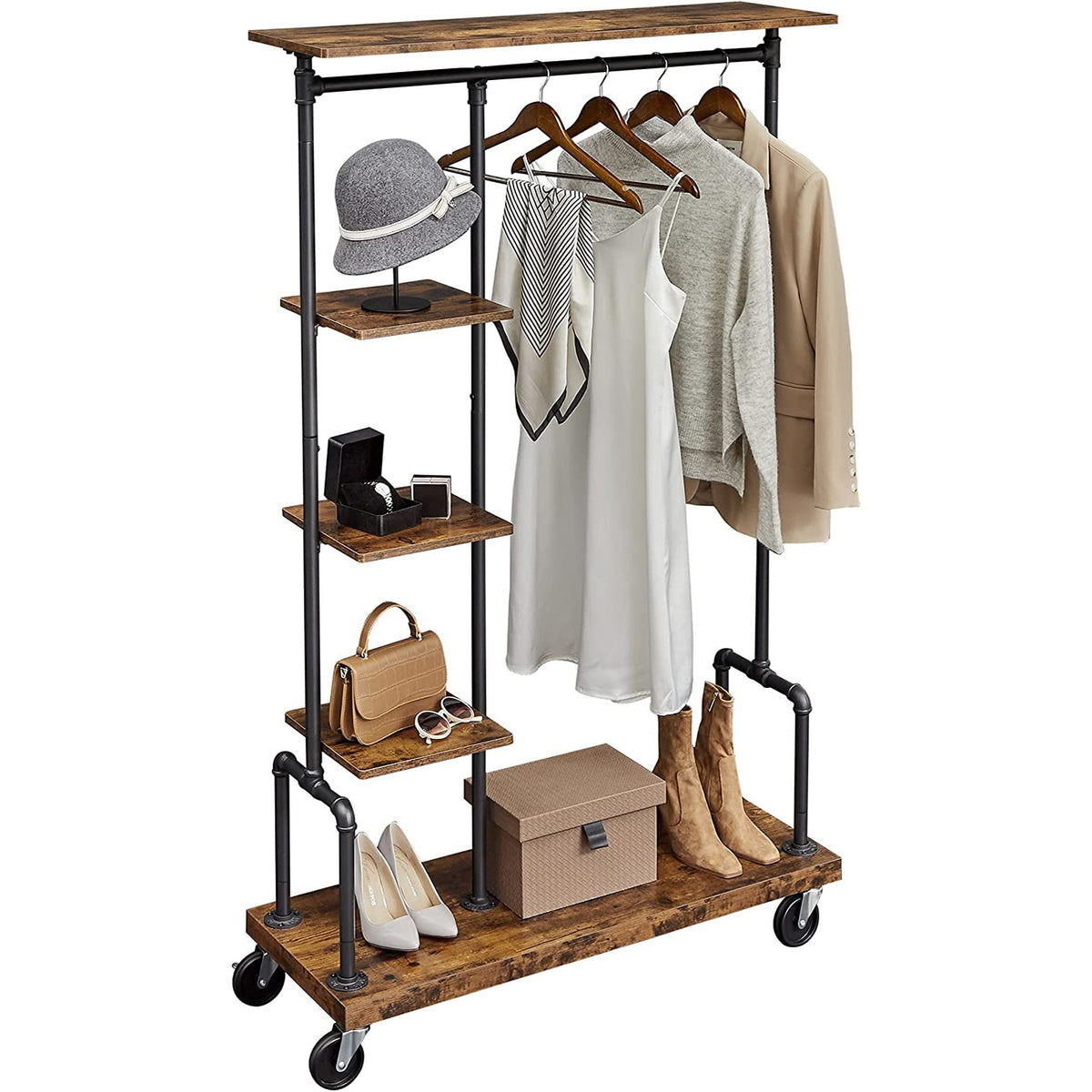 Industrial Clothing Rack On Wheels With Hanging Rail And Shelves - product photo 12