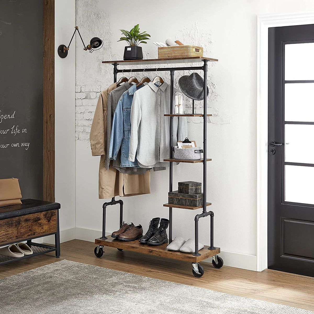 Industrial Clothing Rack On Wheels With Hanging Rail And Shelves - product photo 13