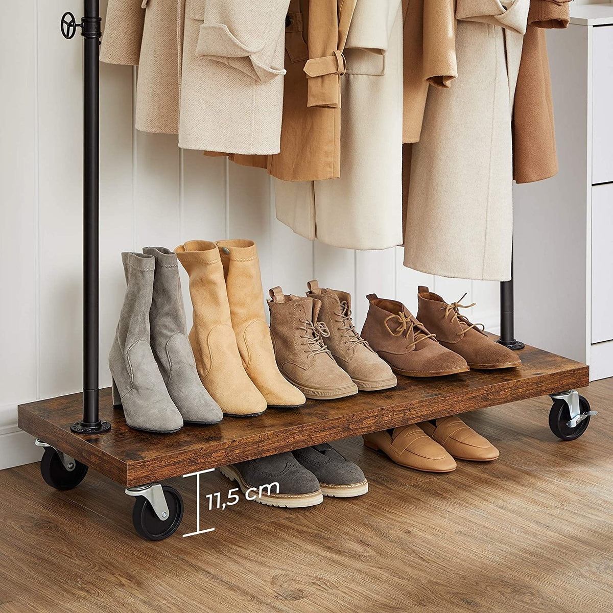 Industrial Pipe Garment Rack With Lockable Wheels And Shelf - product photo 12
