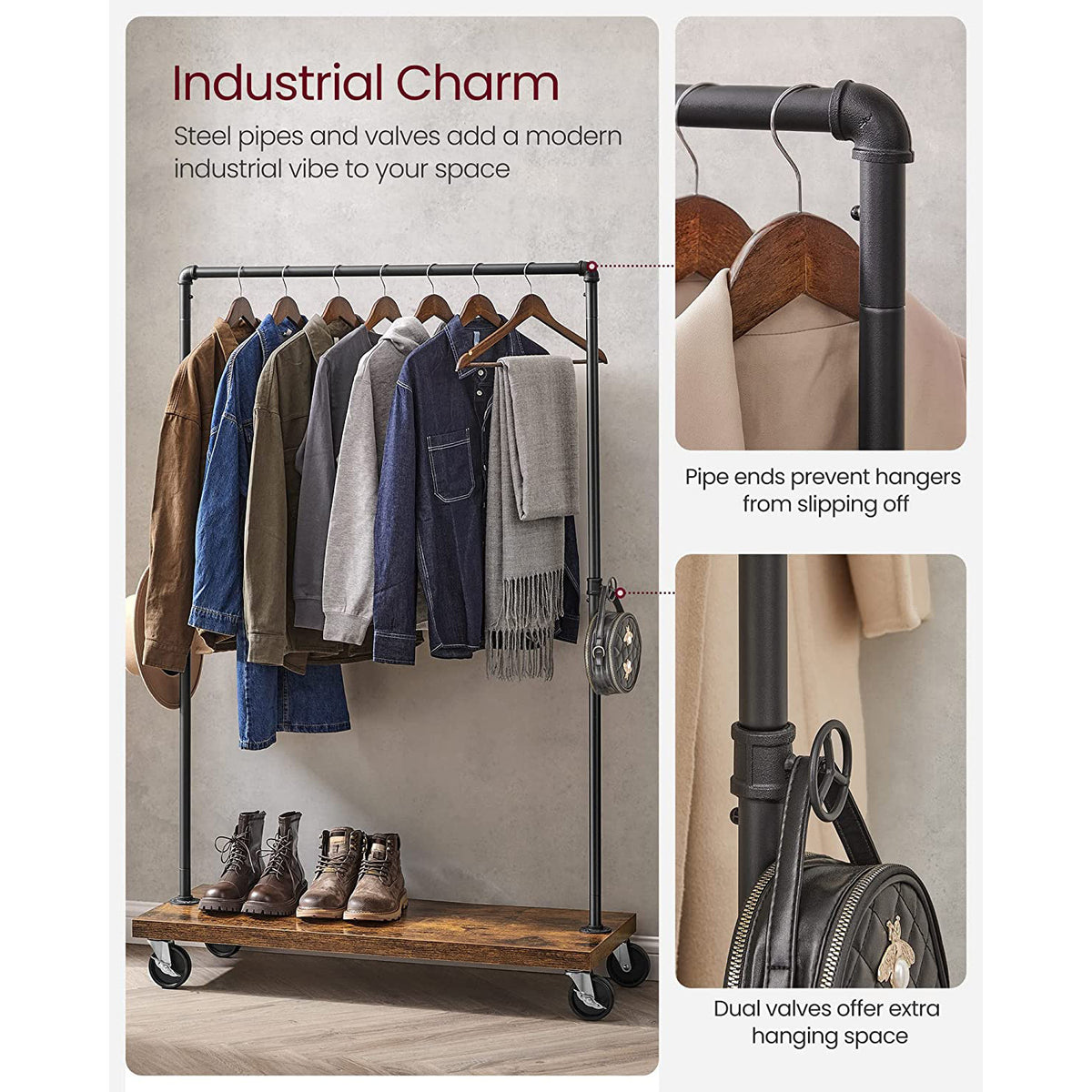 Industrial Pipe Garment Rack With Lockable Wheels And Shelf - product photo 18