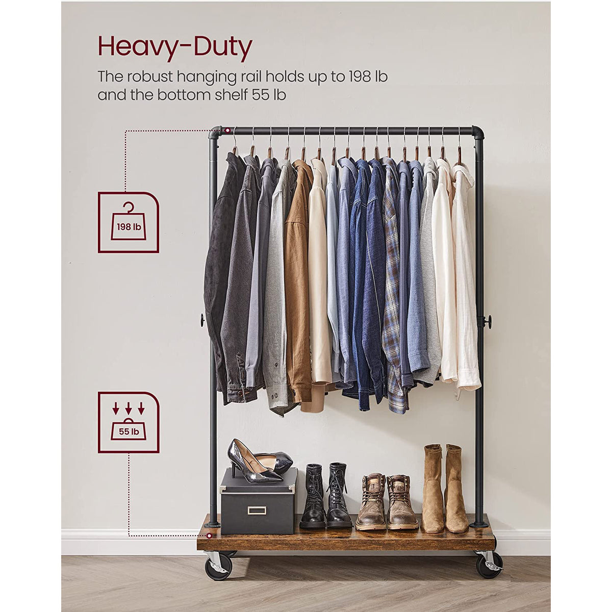 Industrial Pipe Garment Rack With Lockable Wheels And Shelf - product photo 19