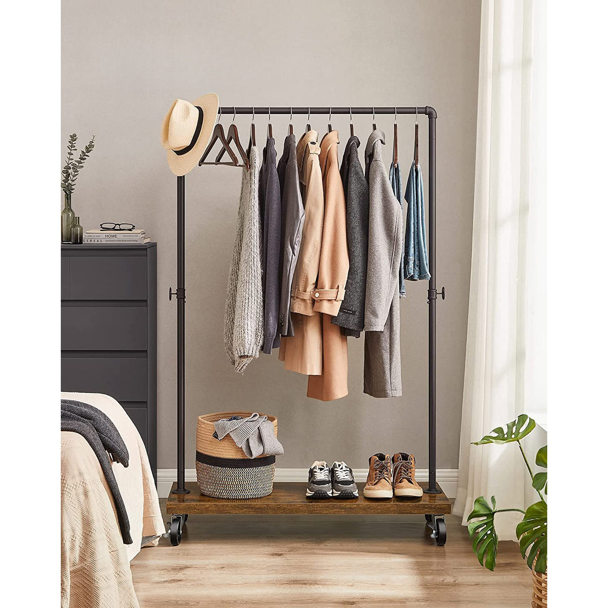 Industrial Pipe Garment Rack With Lockable Wheels And Shelf - product photo 22