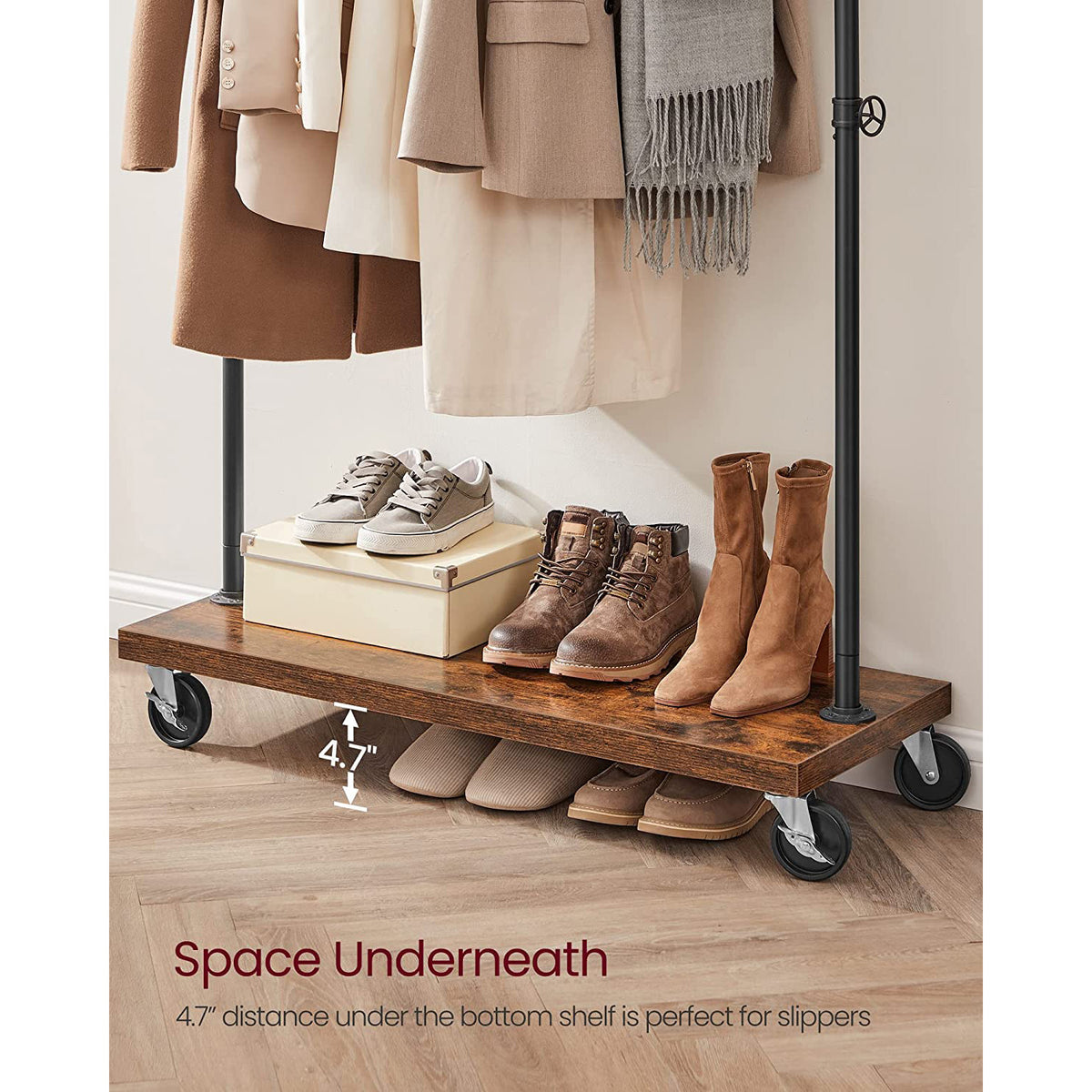 Industrial Pipe Garment Rack With Lockable Wheels And Shelf - product photo 23