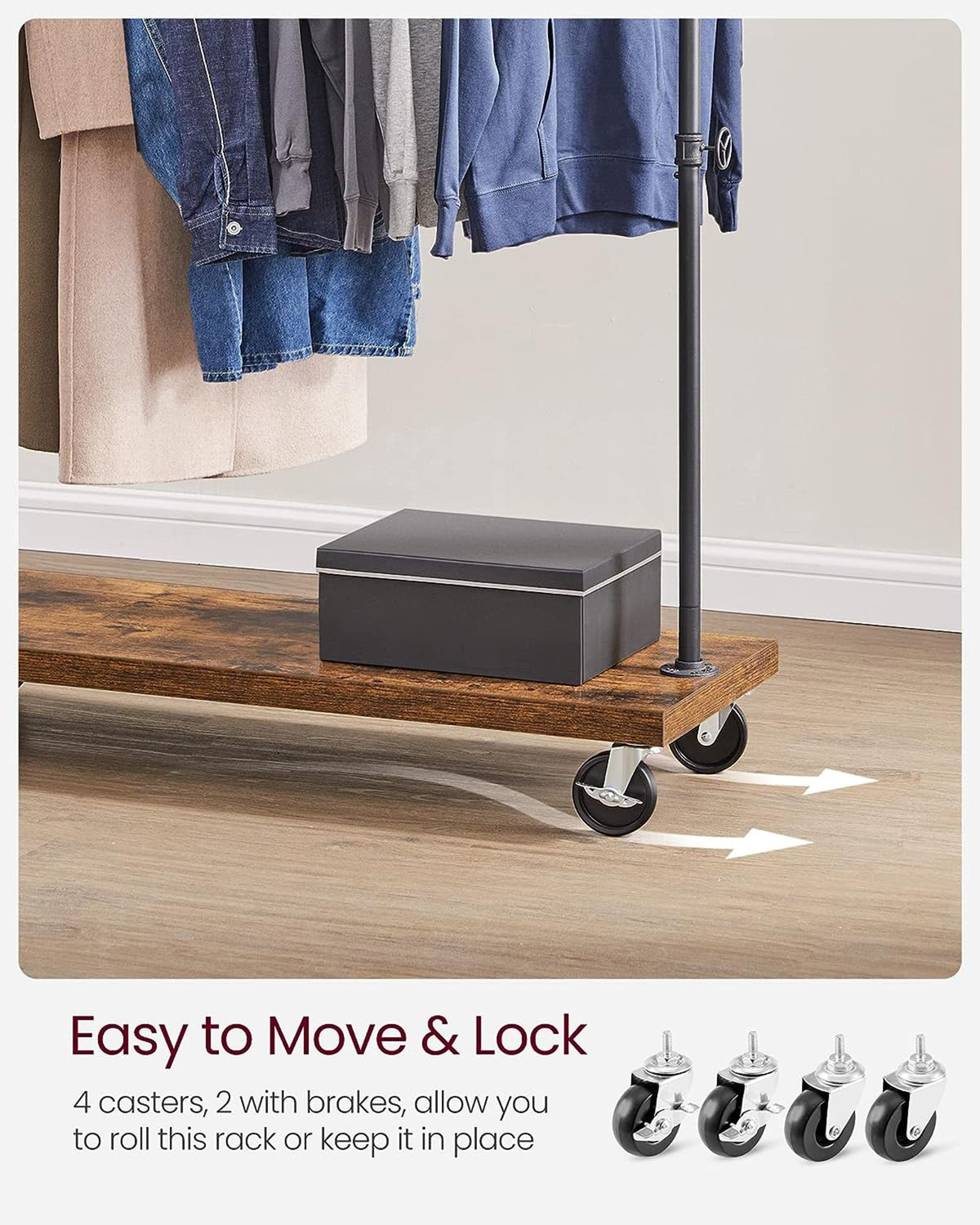 Industrial Pipe Garment Rack With Lockable Wheels And Shelf - product photo 26