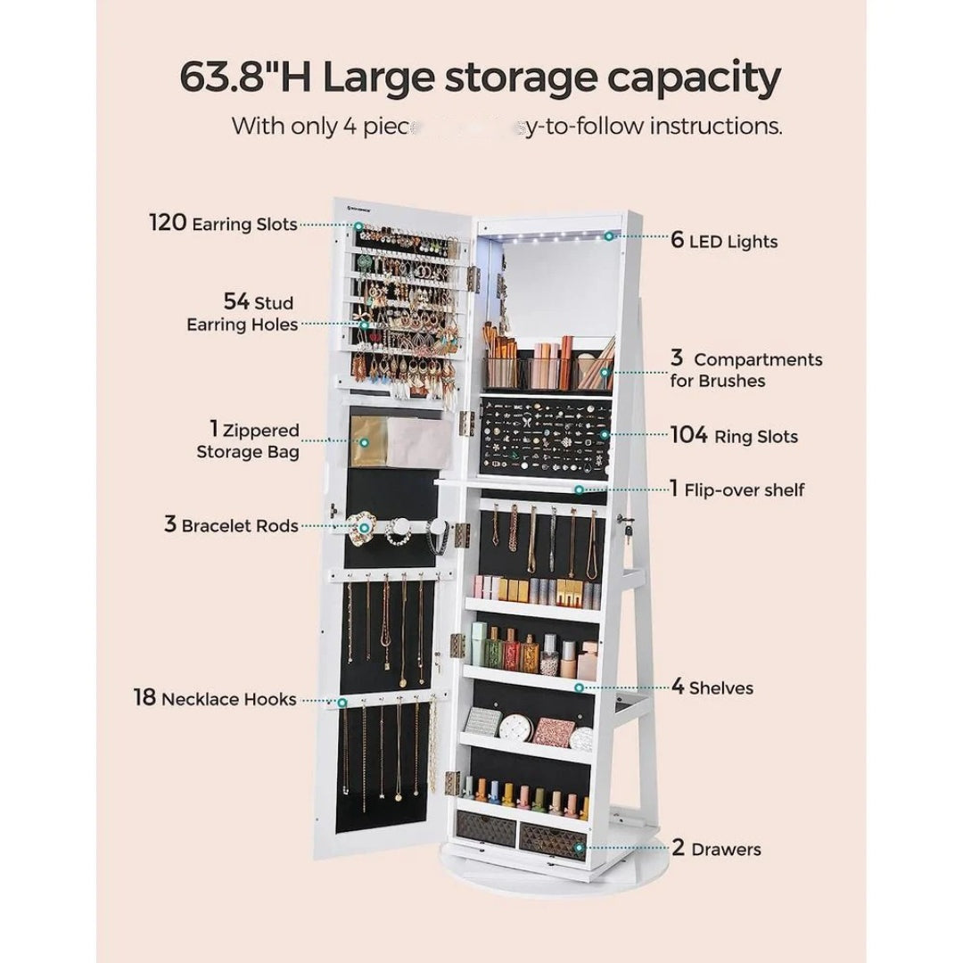 Jewelry Organizer Cabinet With Mirror LED Lights And Storage – product view 8 | Ridgefield Furniture