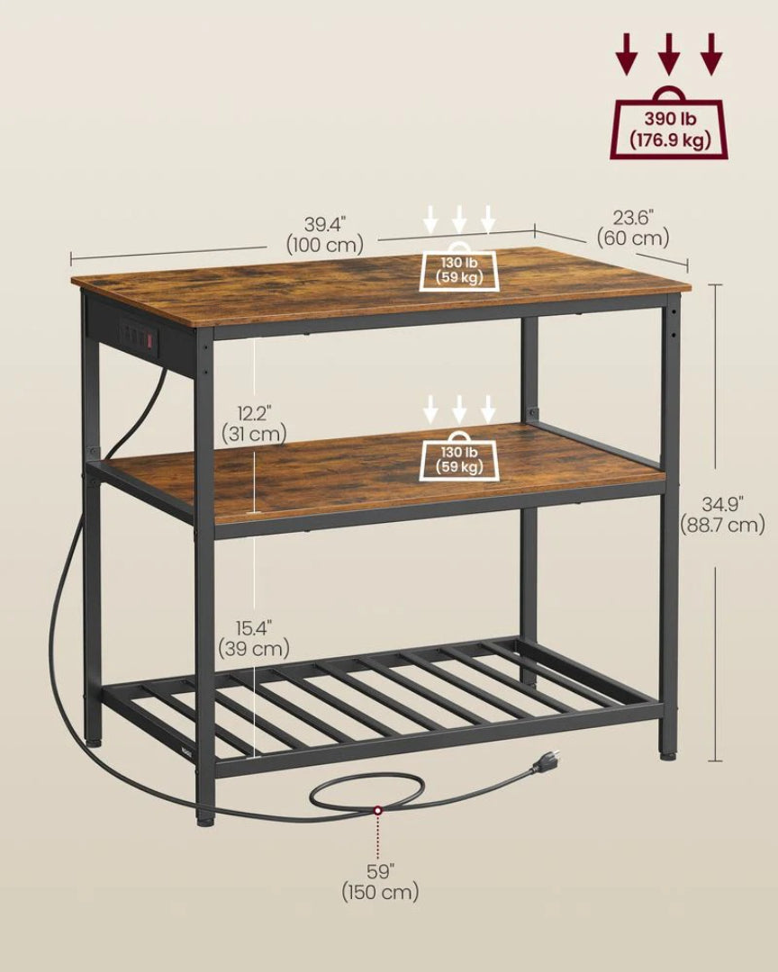 Kitchen Island with Power Outlet and 3-Tier Storage Shelves – product view 7 | Ridgefield Furniture