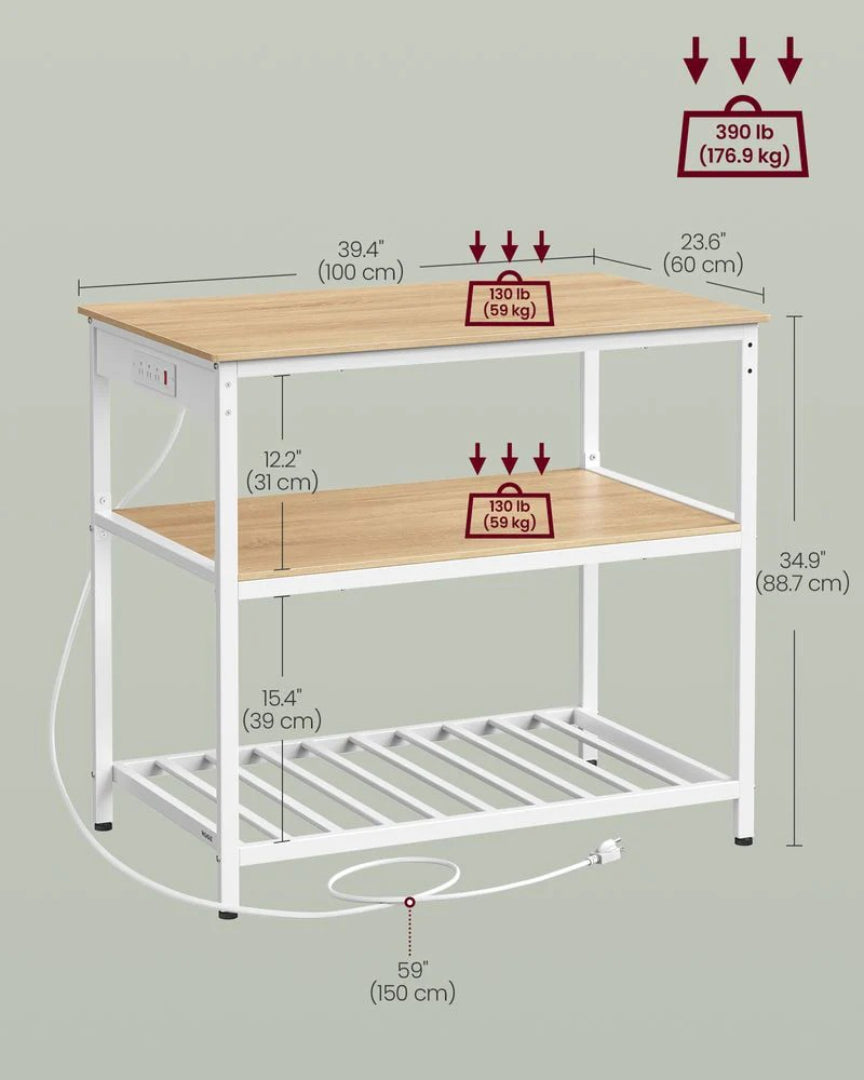 Kitchen Island with Power Outlet and 3-Tier Storage Shelves – product view 12 | Ridgefield Furniture