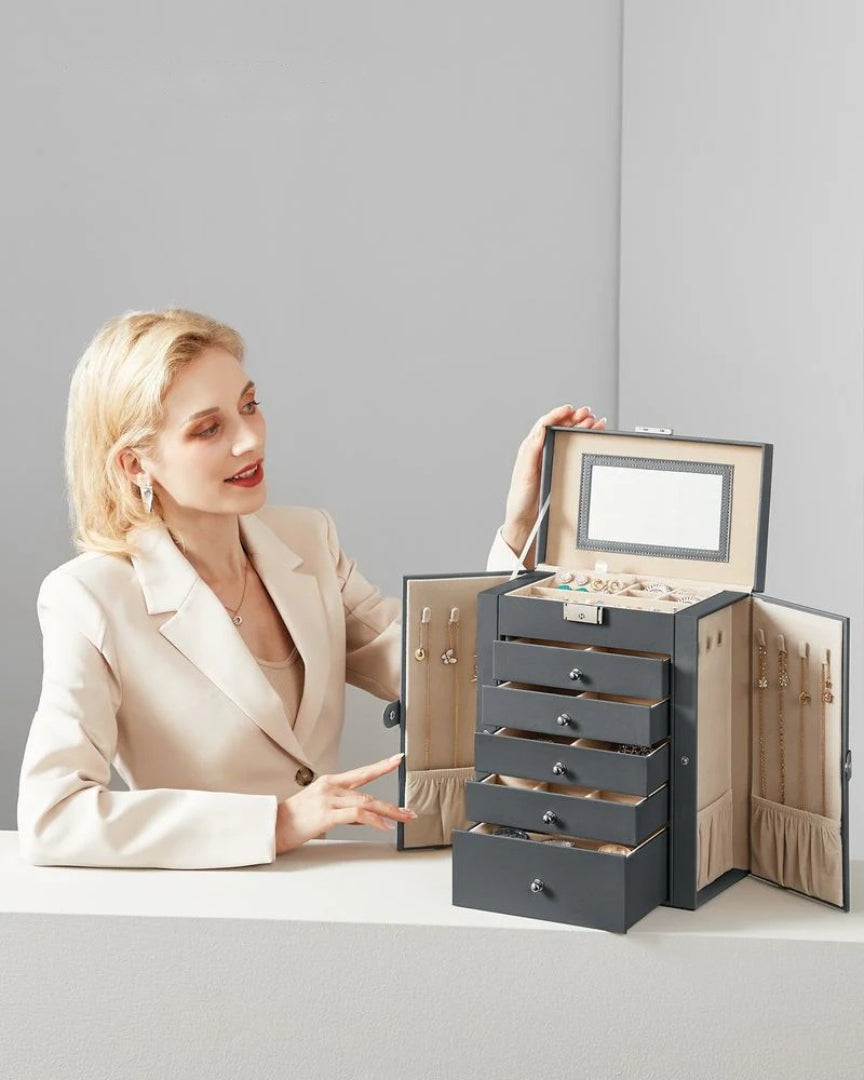 Large Jewelry Box Organizer 6 Tier With Drawers Mirror And Lock – product view 14 | Ridgefield Furniture