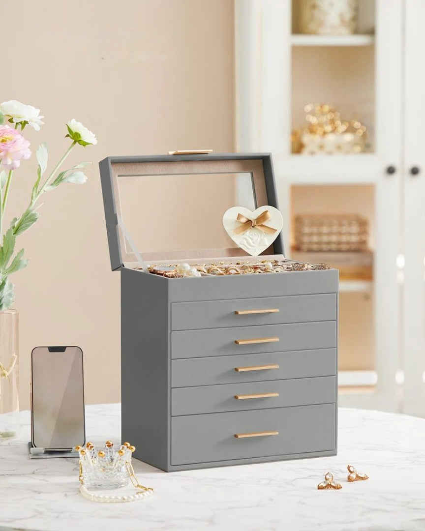 Large Jewelry Box With Glass Lid 4 Or 6 Layer Organizer – product view 36 | Ridgefield Furniture
