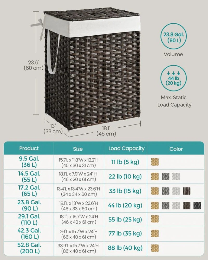 Laundry Basket With Lid 23.8 Gallon Rattan Hamper 23.6in High – product view 17 | Ridgefield Furniture