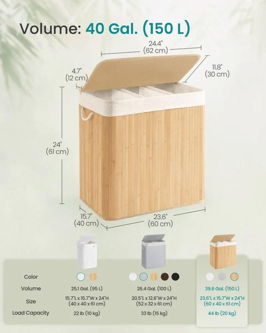 Laundry Hamper With Lid 3 Section 39.6 Gallon Sorter – product view 14 | Ridgefield Furniture