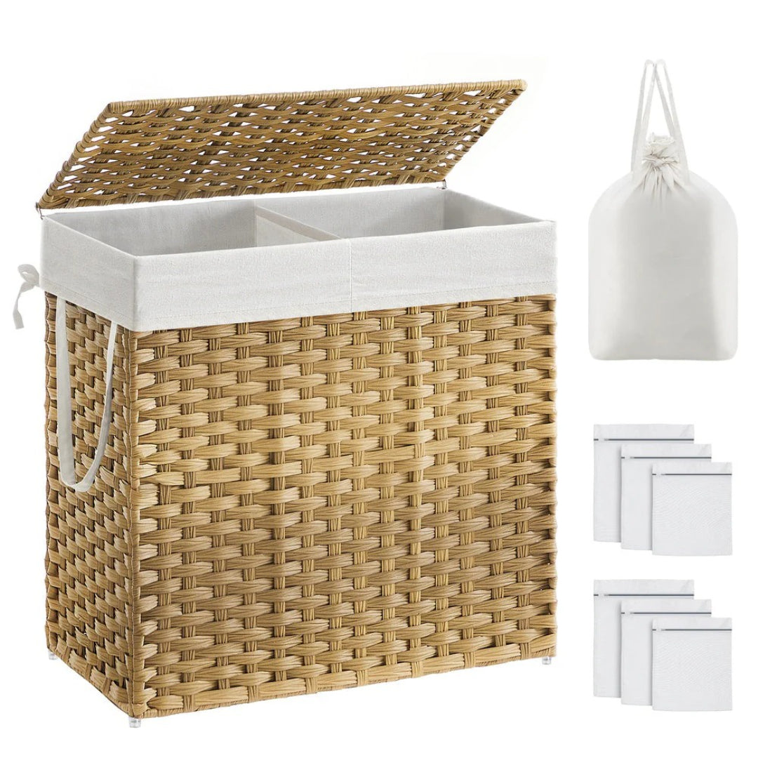 Laundry Hamper With Lid 34 Gallon 2 Section Rattan Basket – product view 1 | Ridgefield Furniture