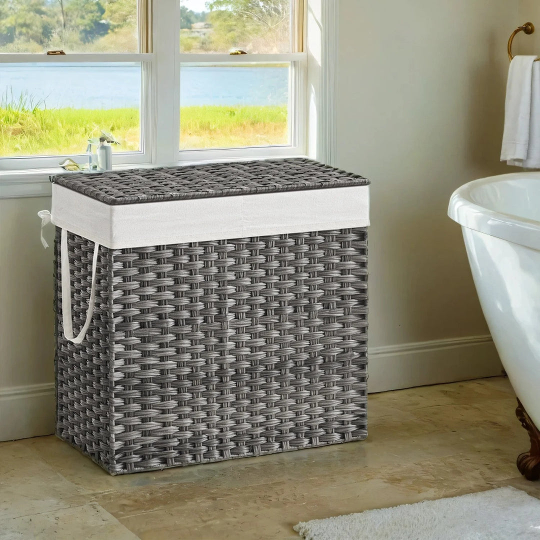 Laundry Hamper With Lid 34 Gallon 2 Section Rattan Basket – product view 2 | Ridgefield Furniture