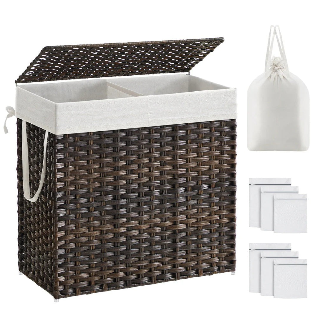 Laundry Hamper With Lid 34 Gallon 2 Section Rattan Basket – product view 3 | Ridgefield Furniture