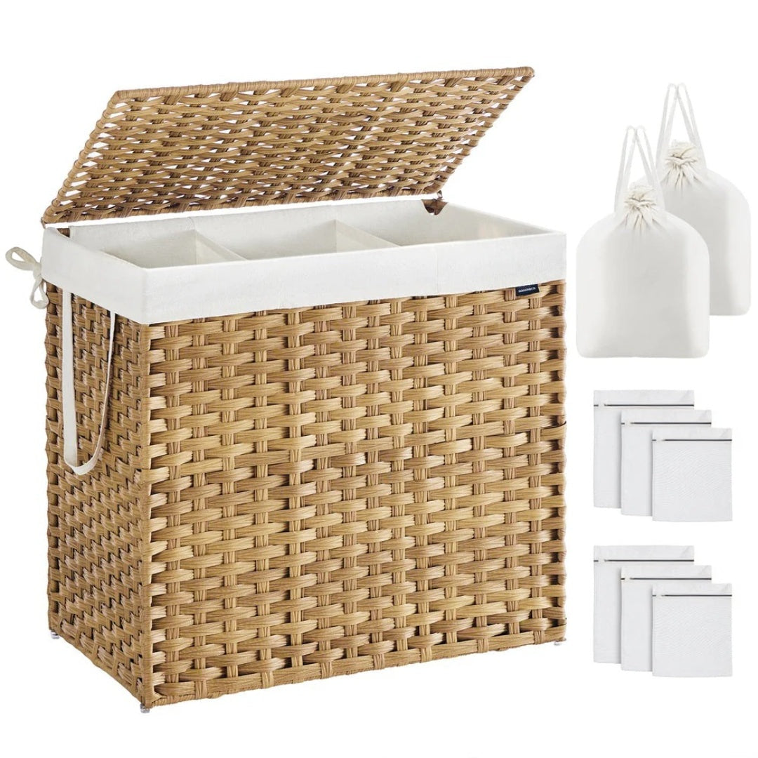 Laundry Hamper With Lid 34 Gallon 2 Section Rattan Basket – product view 4 | Ridgefield Furniture