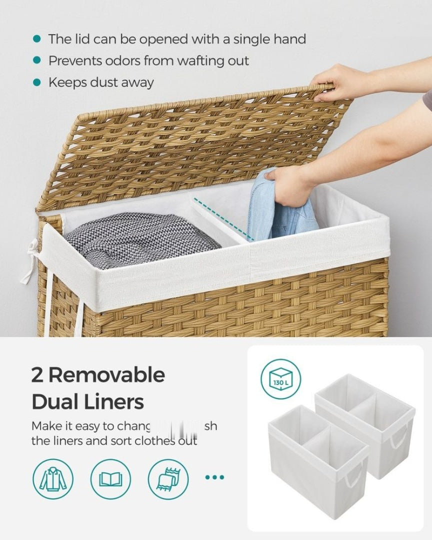 Laundry Hamper With Lid 34 Gallon 2 Section Rattan Basket – product view 7 | Ridgefield Furniture