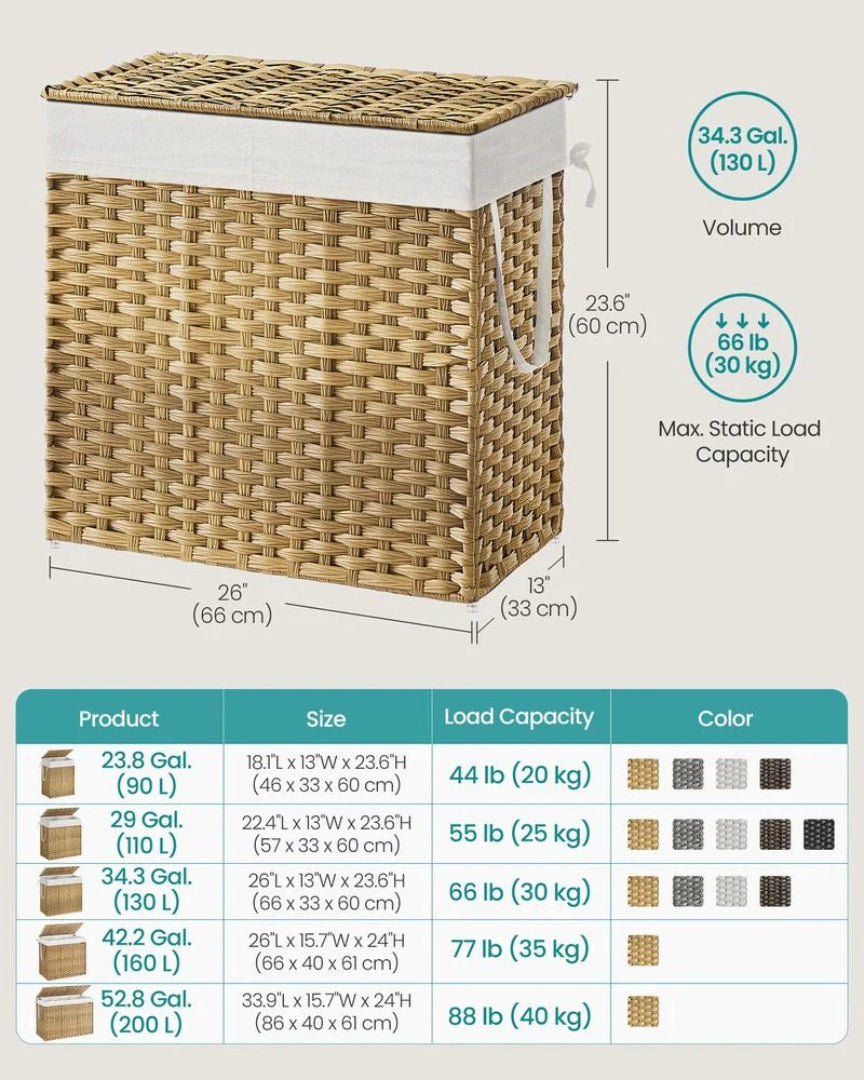 Laundry Hamper With Lid 34 Gallon 2 Section Rattan Basket – product view 10 | Ridgefield Furniture