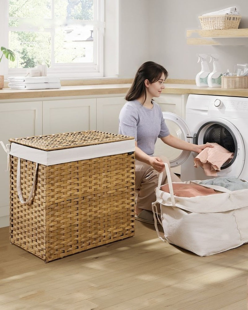 Laundry Hamper With Lid 34 Gallon 2 Section Rattan Basket – product view 14 | Ridgefield Furniture