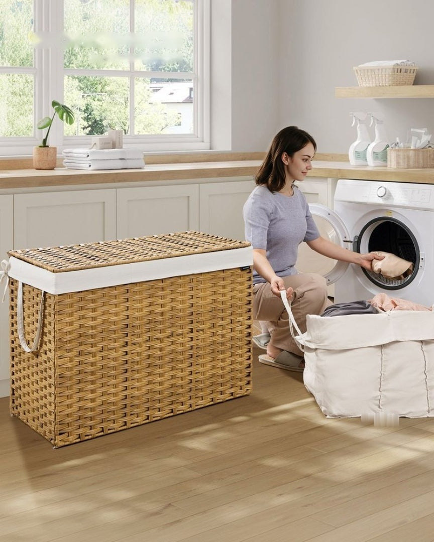 Laundry Hamper With Lid 34 Gallon 2 Section Rattan Basket – product view 16 | Ridgefield Furniture