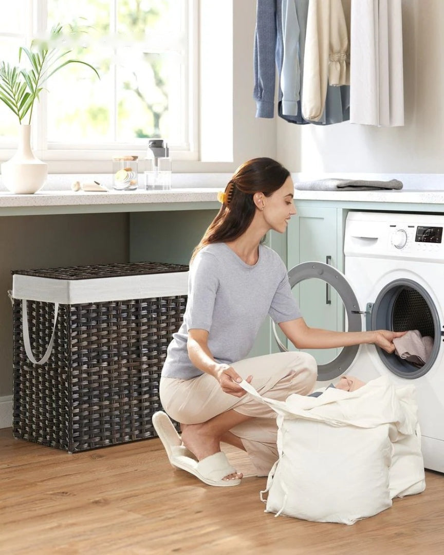 Laundry Hamper With Lid 34 Gallon 2 Section Rattan Basket – product view 18 | Ridgefield Furniture