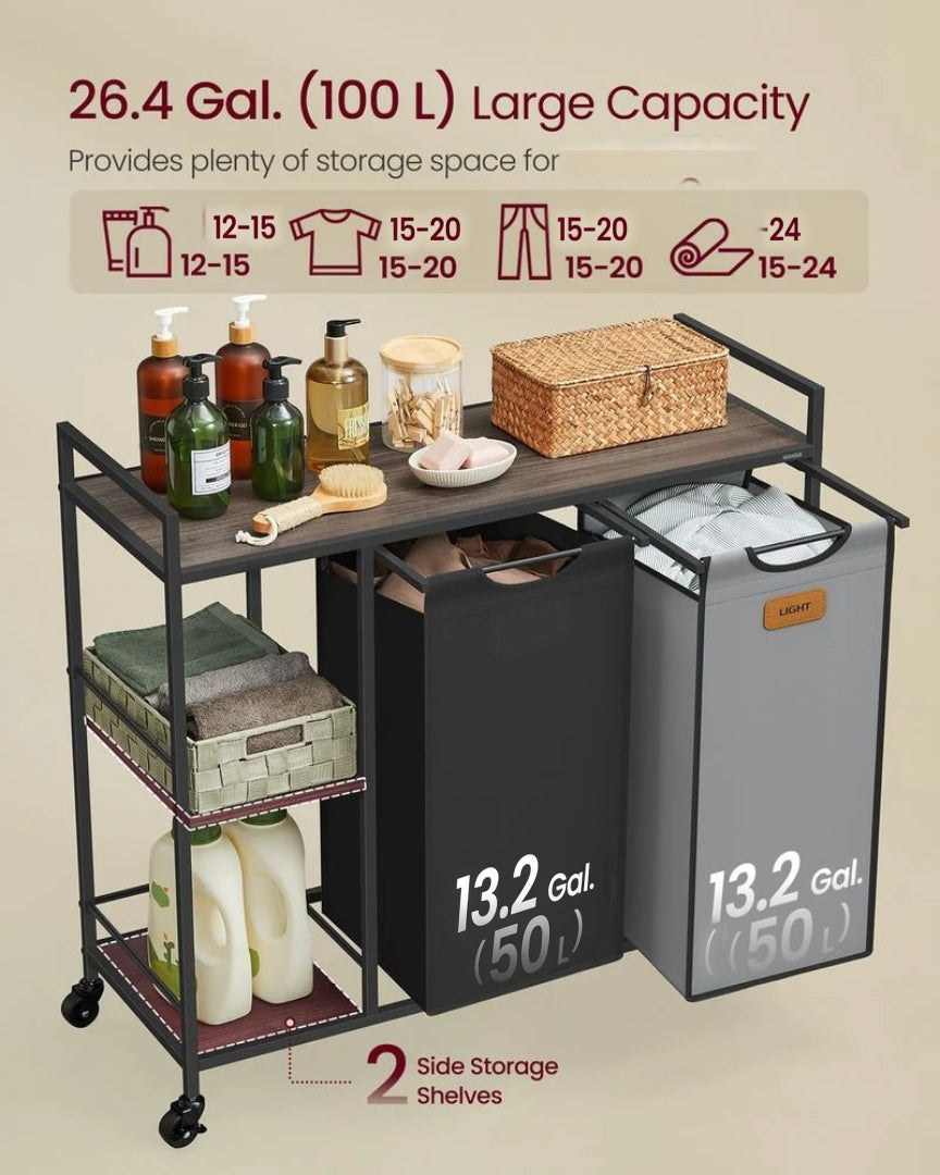 Laundry Hamper With Wheels 2 Compartments 26.4 Gallon Sorter – product view 3 | Ridgefield Furniture