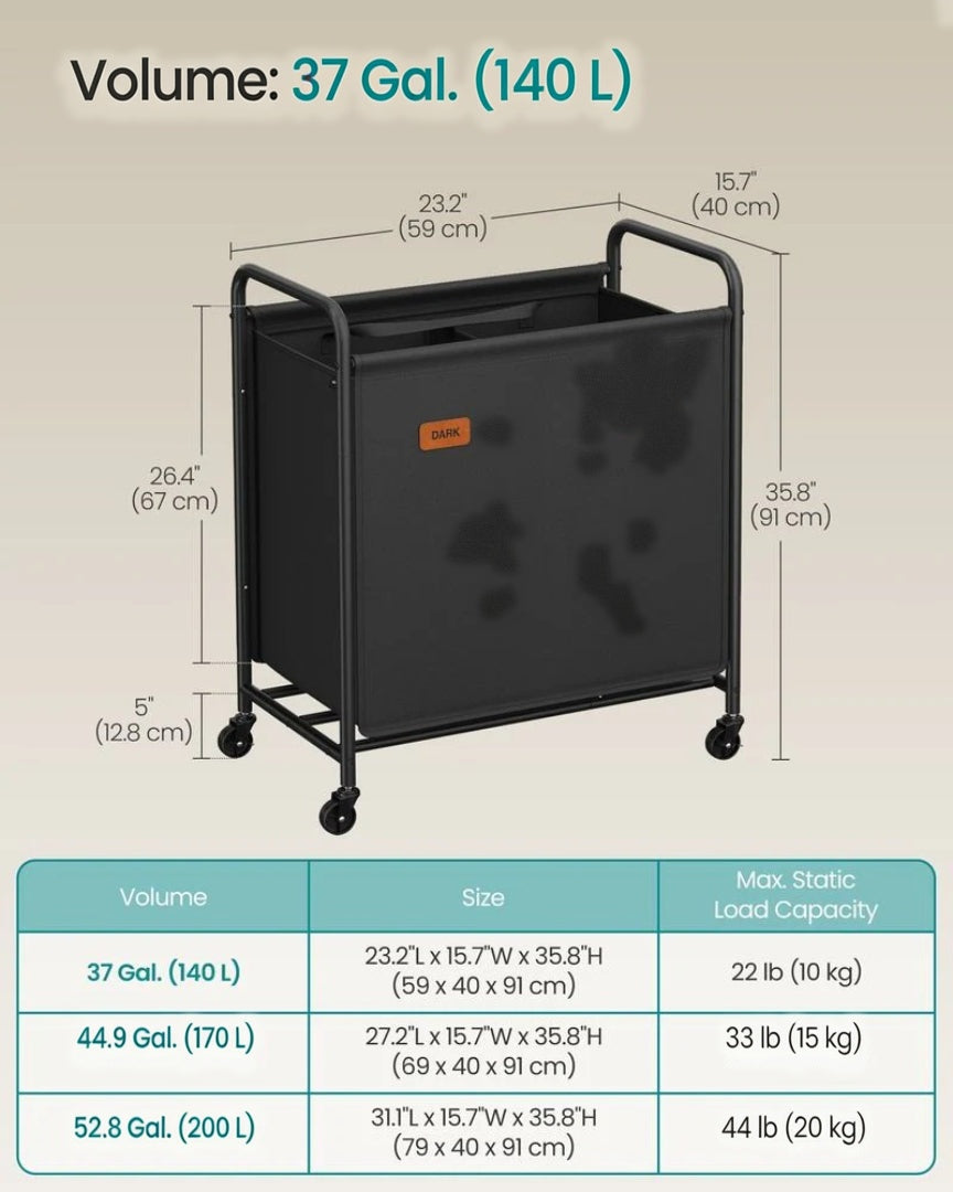Laundry Hamper With Wheels 2 Section 37 Gallon Sorter – product view 6 | Ridgefield Furniture