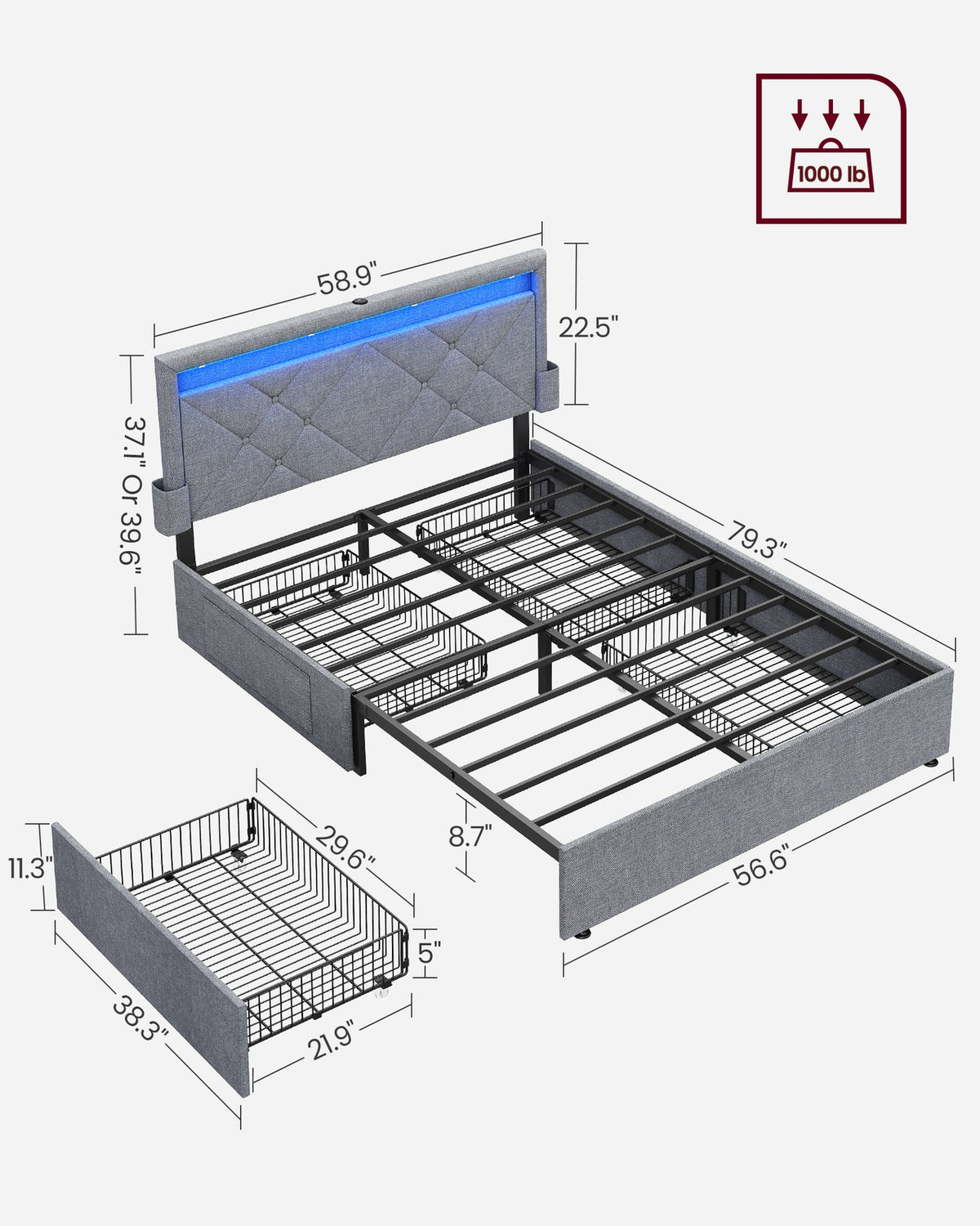 LED Bed Frame Queen Size With Headboard And 4 Drawers - product photo 14