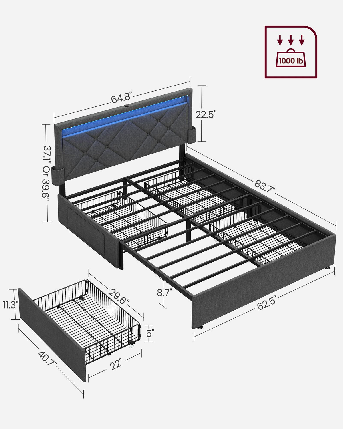 LED Bed Frame Queen Size With Headboard And 4 Drawers - product photo 20