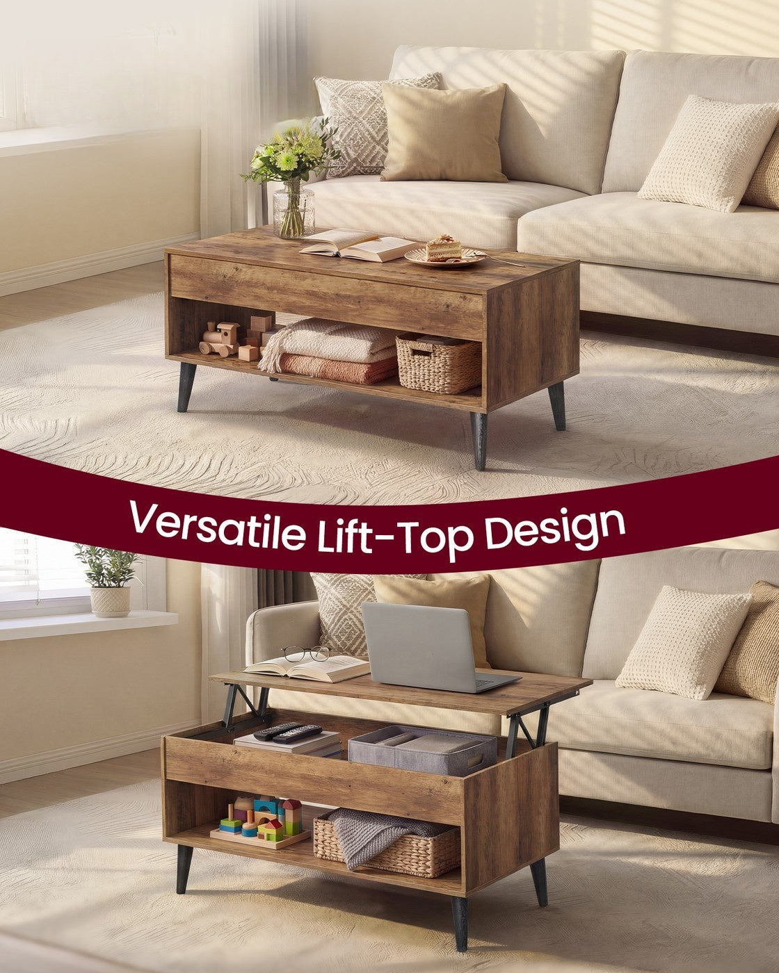 Lift Top Coffee Table With Hidden Storage Compartment, Living Room - product photo 09