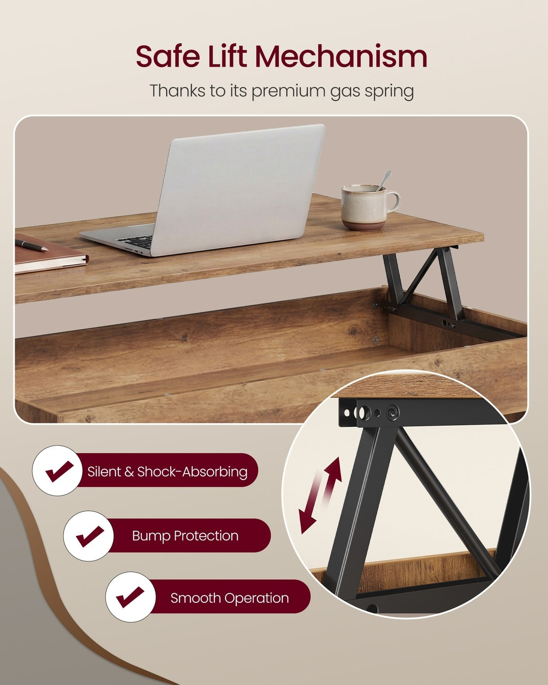 Lift Top Coffee Table With Hidden Storage Compartment, Living Room - product photo 11