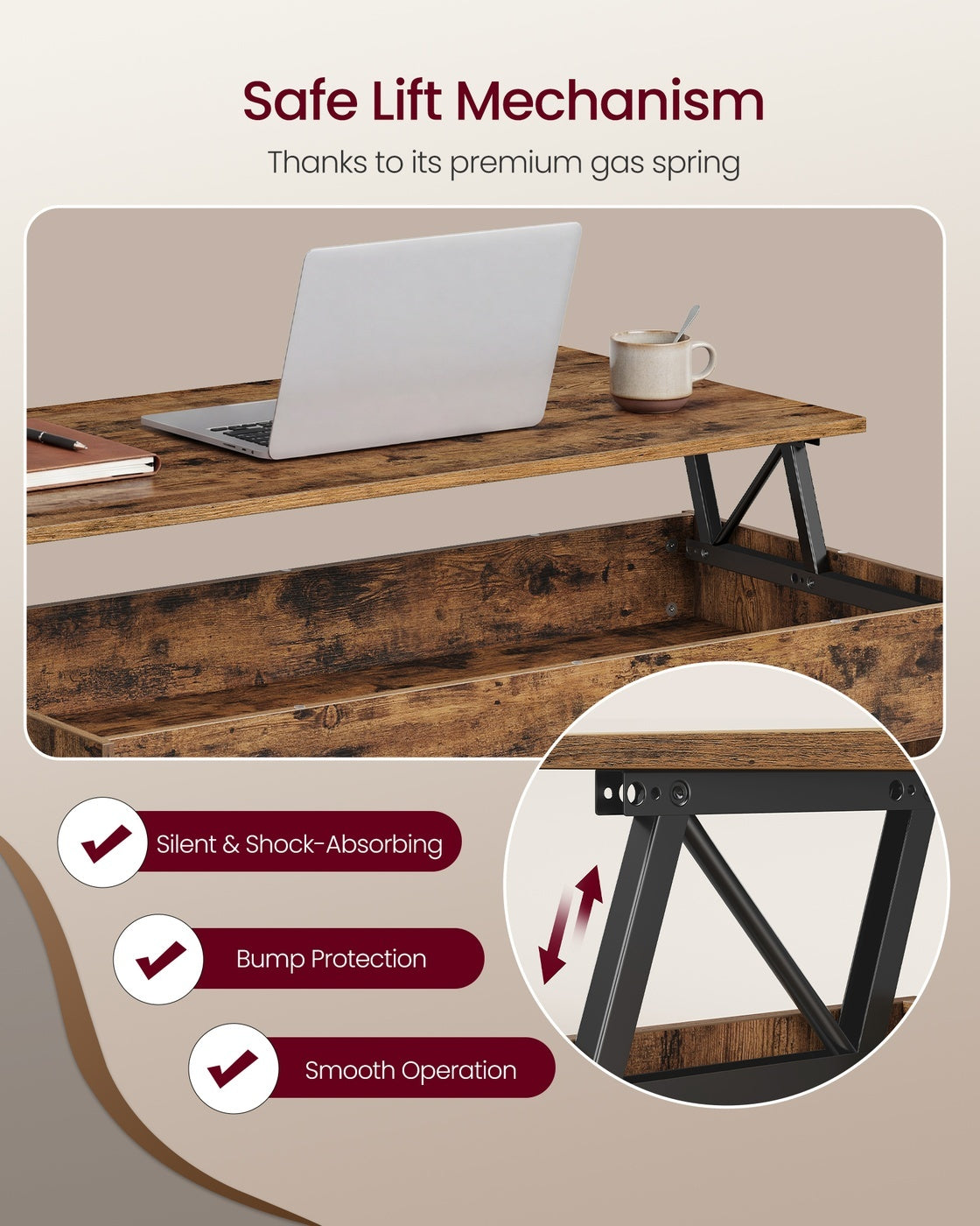 Lift Top Coffee Table With Hidden Storage Compartment, Living Room - product photo 16