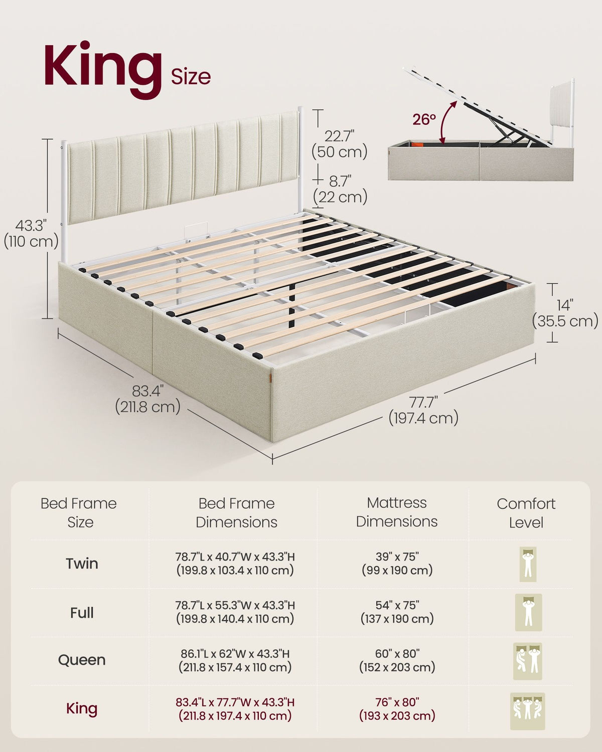 Lift Up Storage Bed Frame King Size With Upholstered Headboard - product photo 20