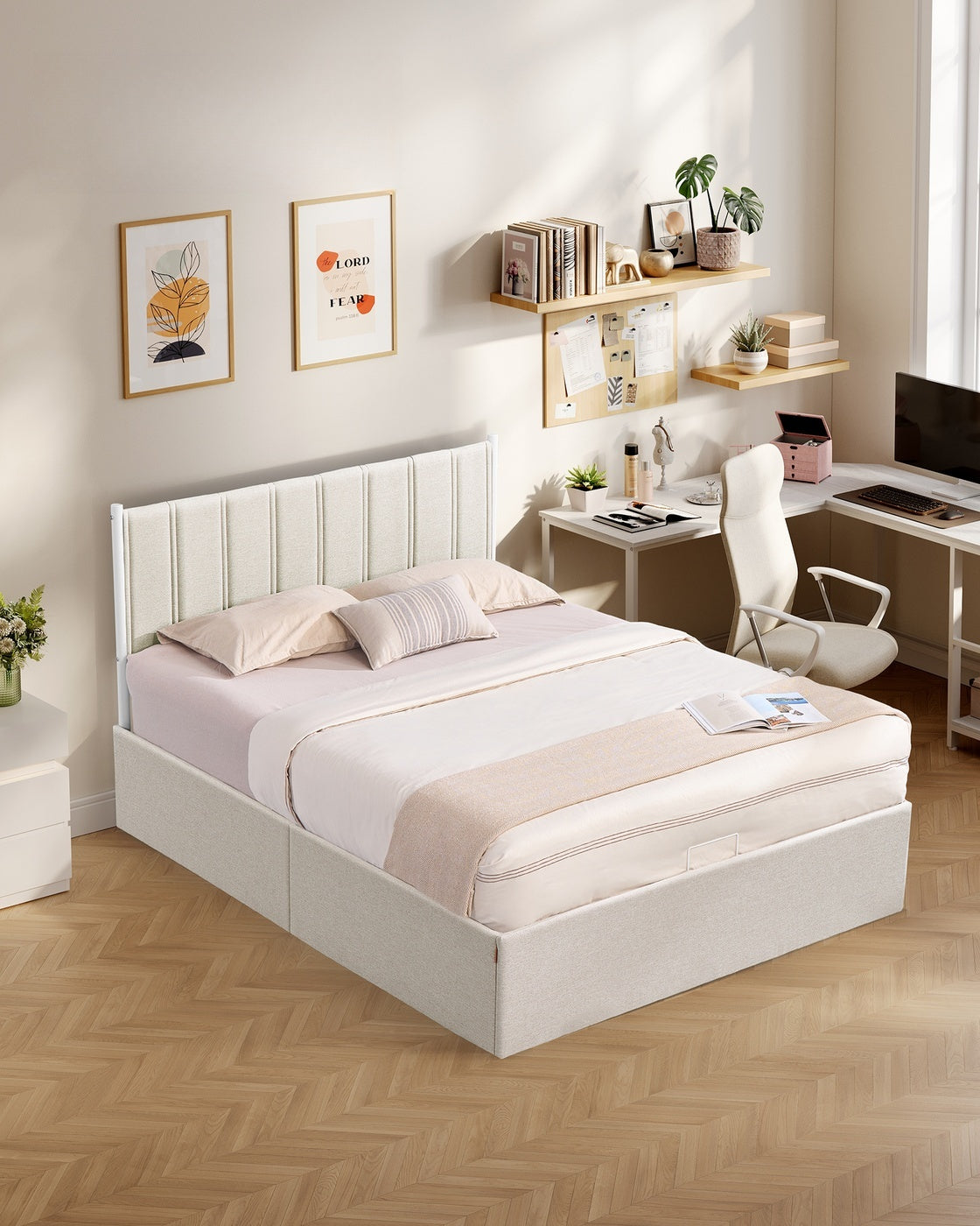 Lift Up Storage Bed Frame Queen Size With Upholstered Headboard - product photo 03
