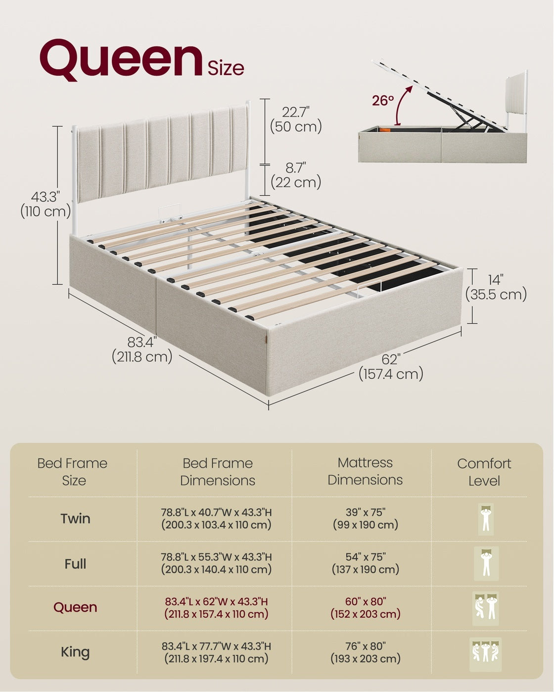 Lift Up Storage Bed Frame Queen Size With Upholstered Headboard - product photo 07