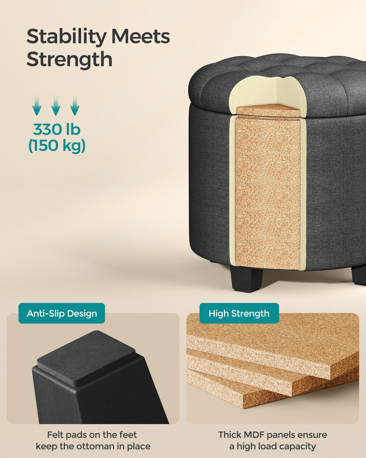 Linen Fabric Storage Ottoman - product photo 04