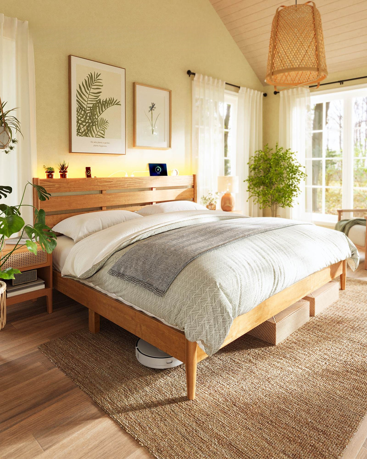 Mid Century Bed Frame With LED Headboard And Charging Station - product photo 45