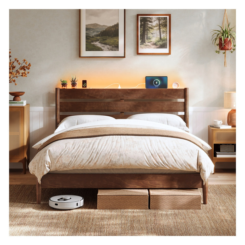 Mid-Century Modern Bed Frame With LED Headboard & Charging Station - product photo 01