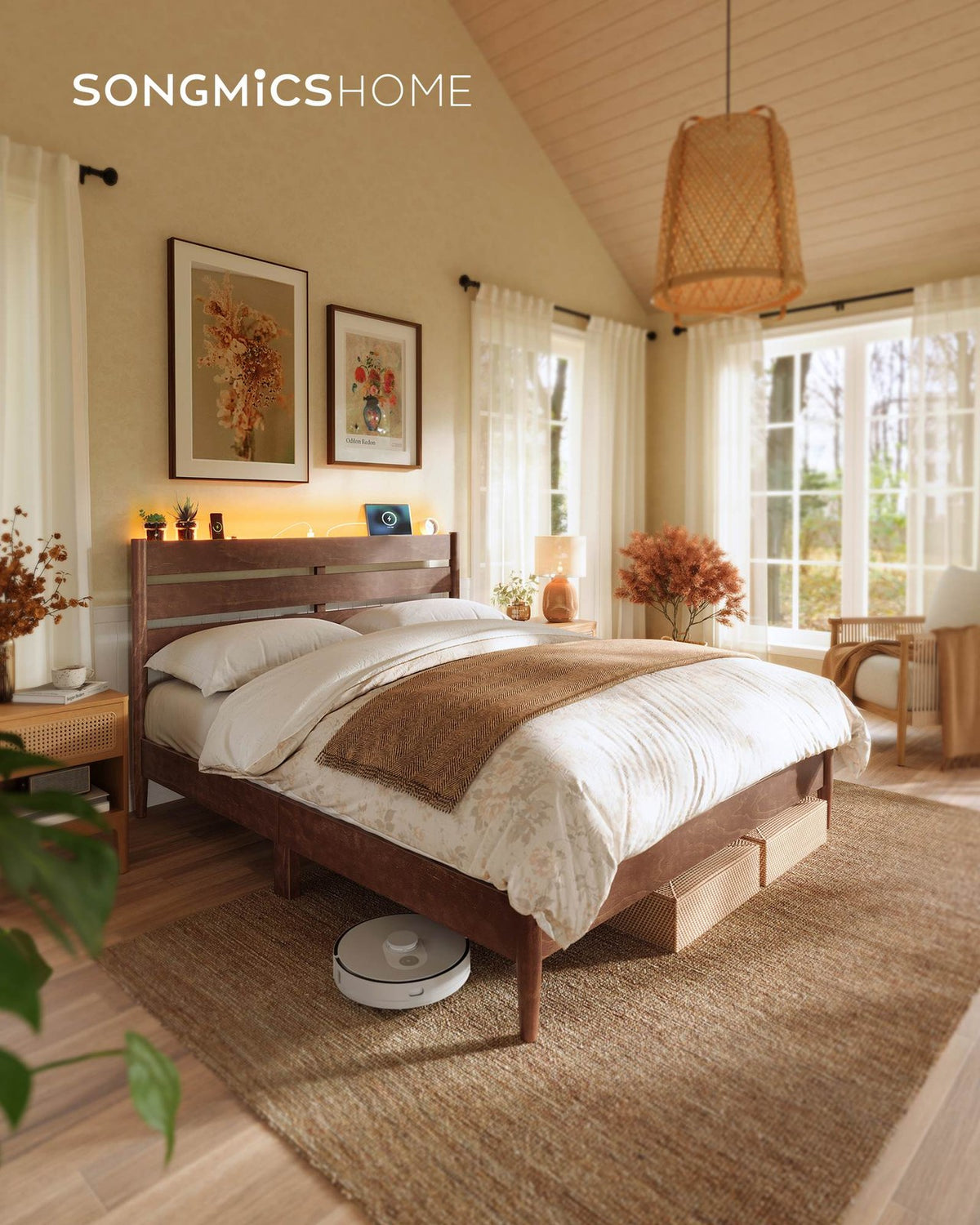 Mid-Century Modern Bed Frame With LED Headboard & Charging Station - product photo 02