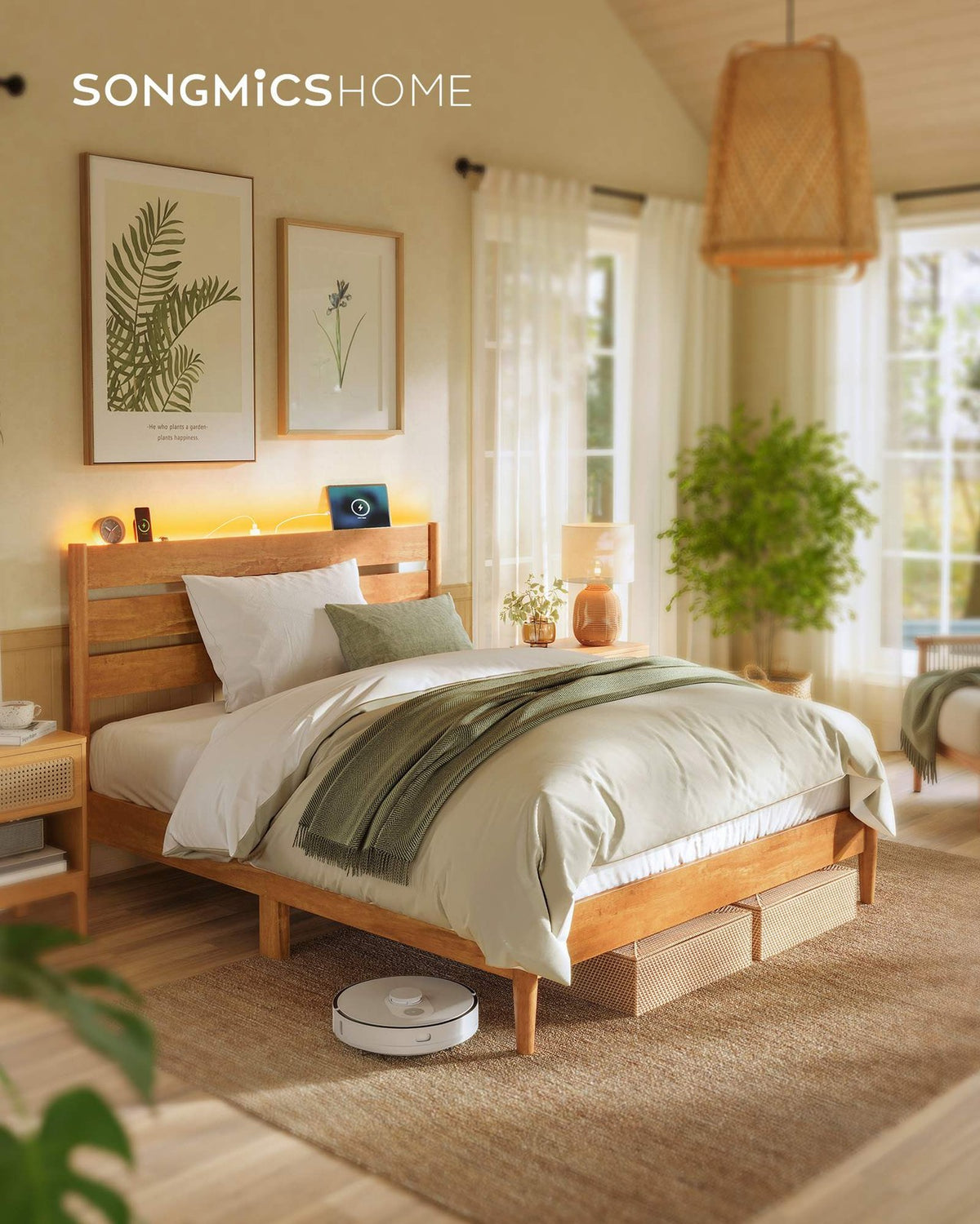 Mid-Century Modern Bed Frame With LED Headboard & Charging Station - product photo 14