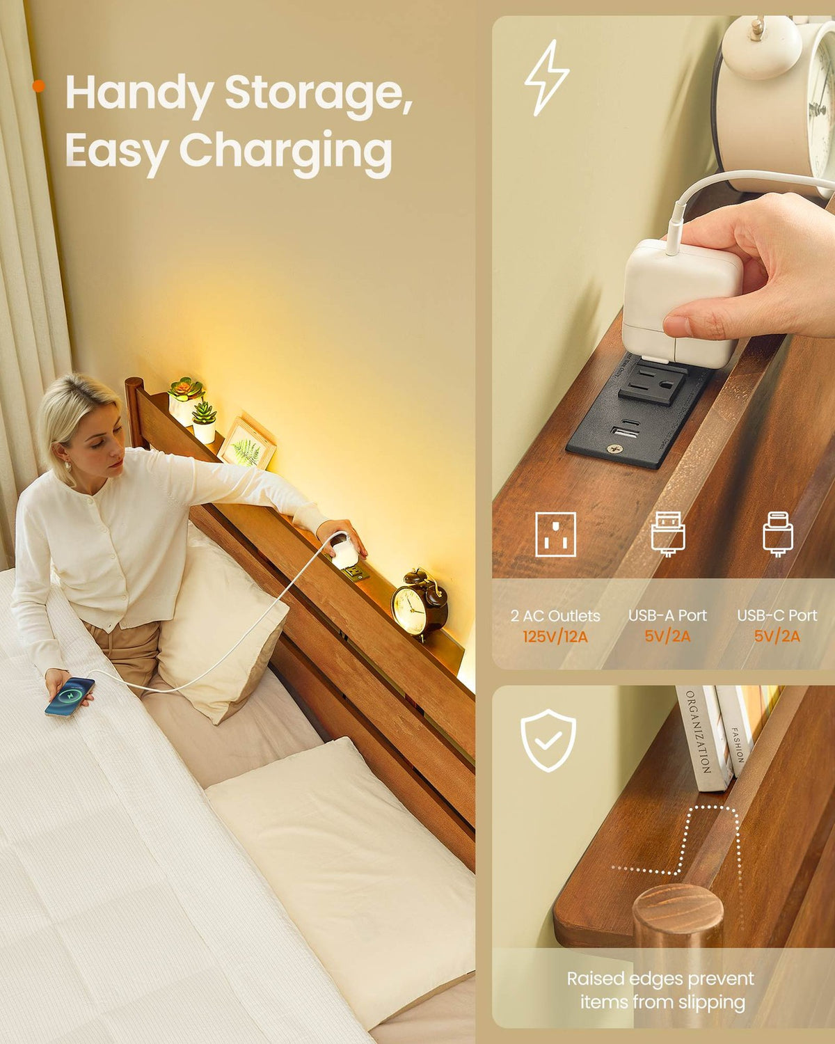 Mid-Century Modern Bed Frame With LED Headboard & Charging Station - product photo 16
