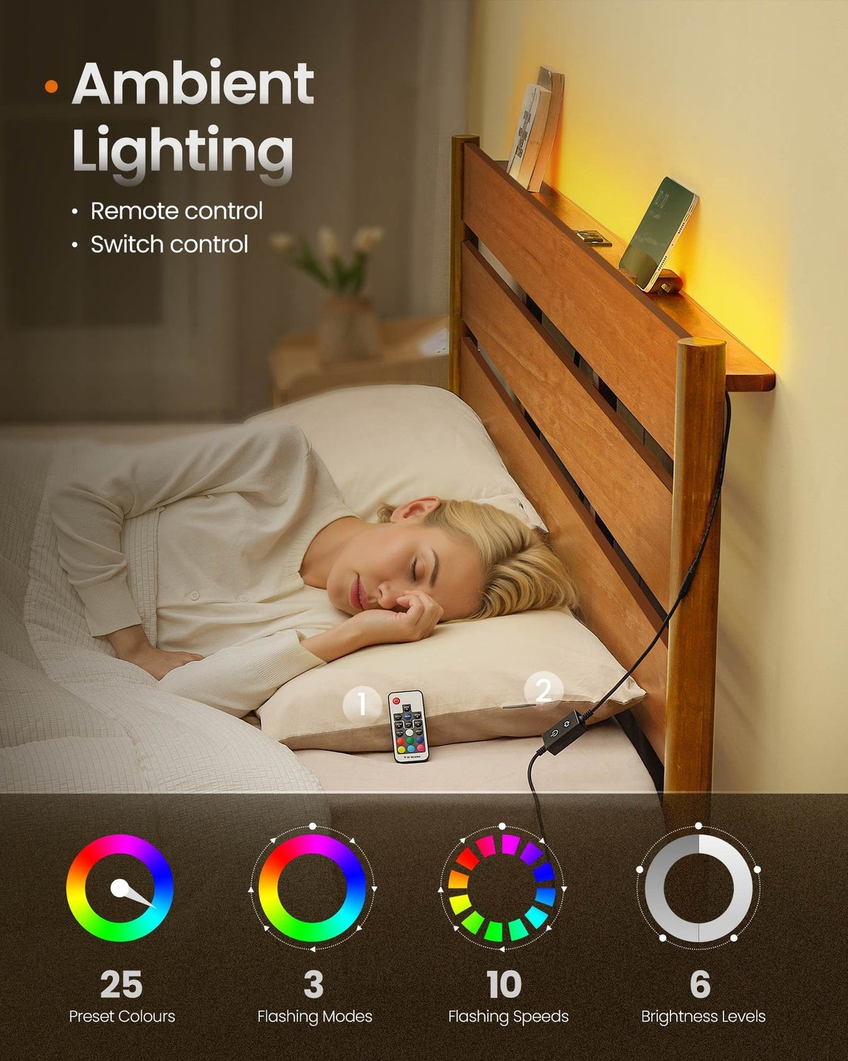 Mid-Century Modern Bed Frame With LED Headboard & Charging Station - product photo 17