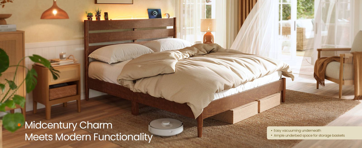Mid-Century Modern Bed Frame With LED Headboard & Charging Station - product photo 37