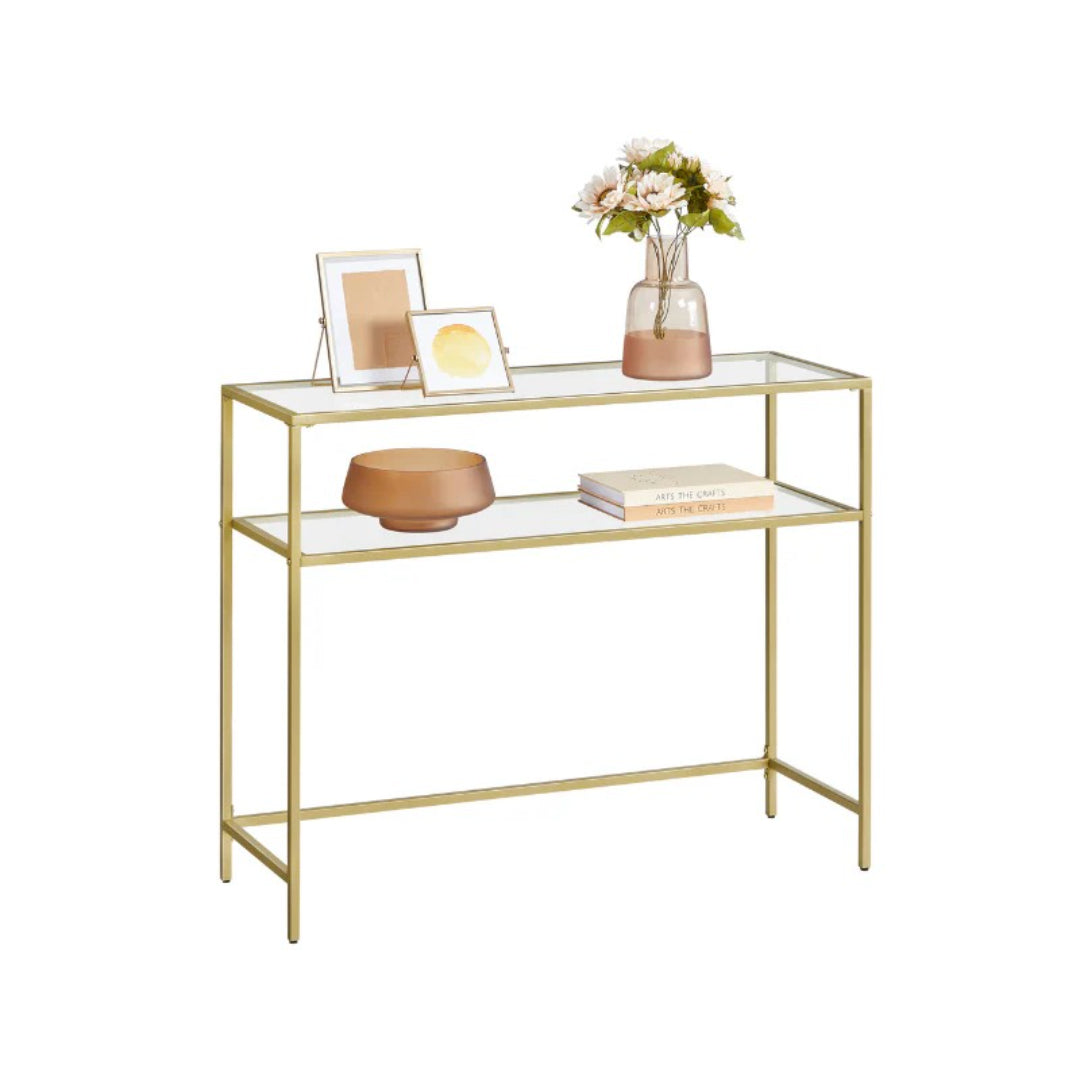 Console Table With Glass Shelves & Gold Frame Sofa Table – product view 1 | Ridgefield Furniture