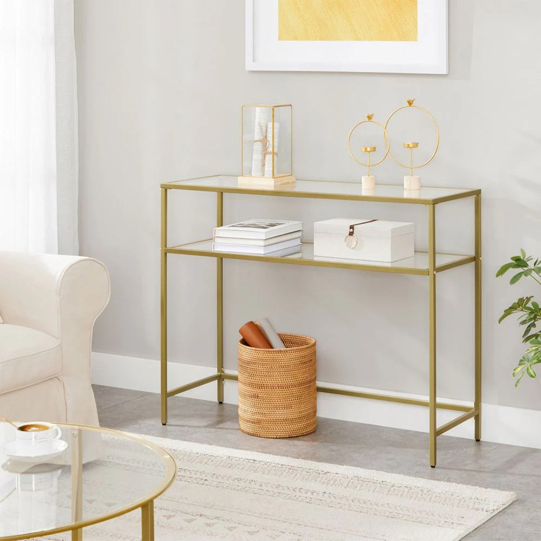 Console Table With Glass Shelves & Gold Frame Sofa Table – product view 3 | Ridgefield Furniture