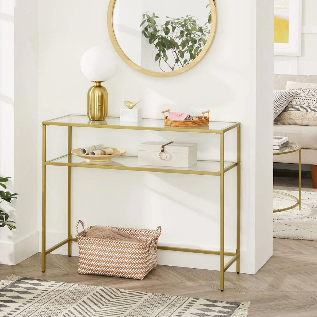 Console Table With Glass Shelves & Gold Frame Sofa Table – product view 4 | Ridgefield Furniture