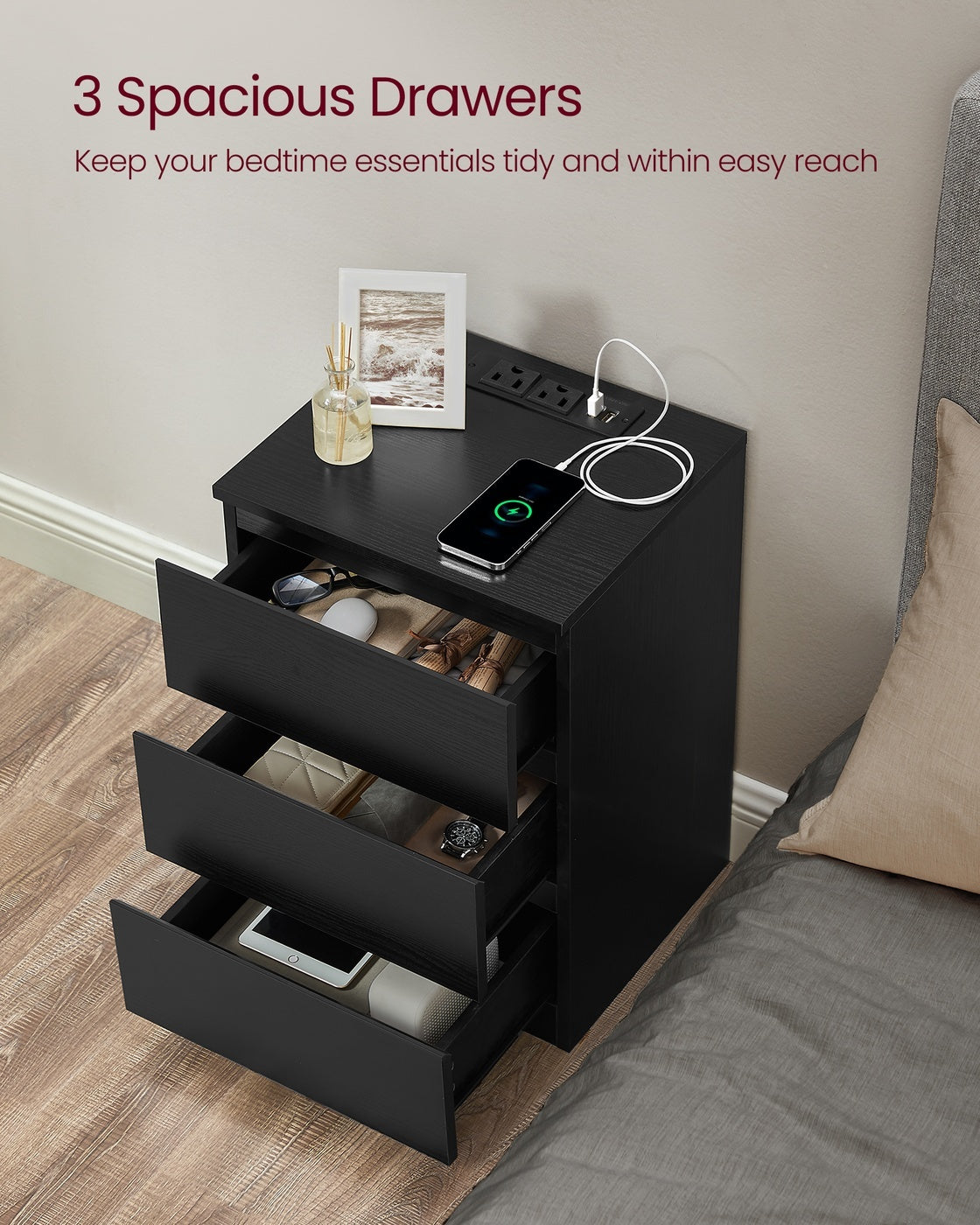 Nightstand With Charging Station And 2 Drawers, Bedside Table - product photo 15