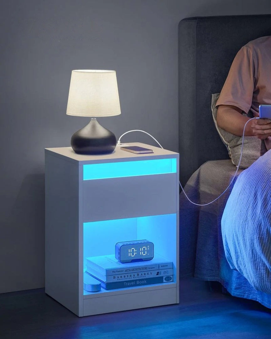 Nightstand With Charging Station And LED Lights Drawer – product view 3 | Ridgefield Furniture