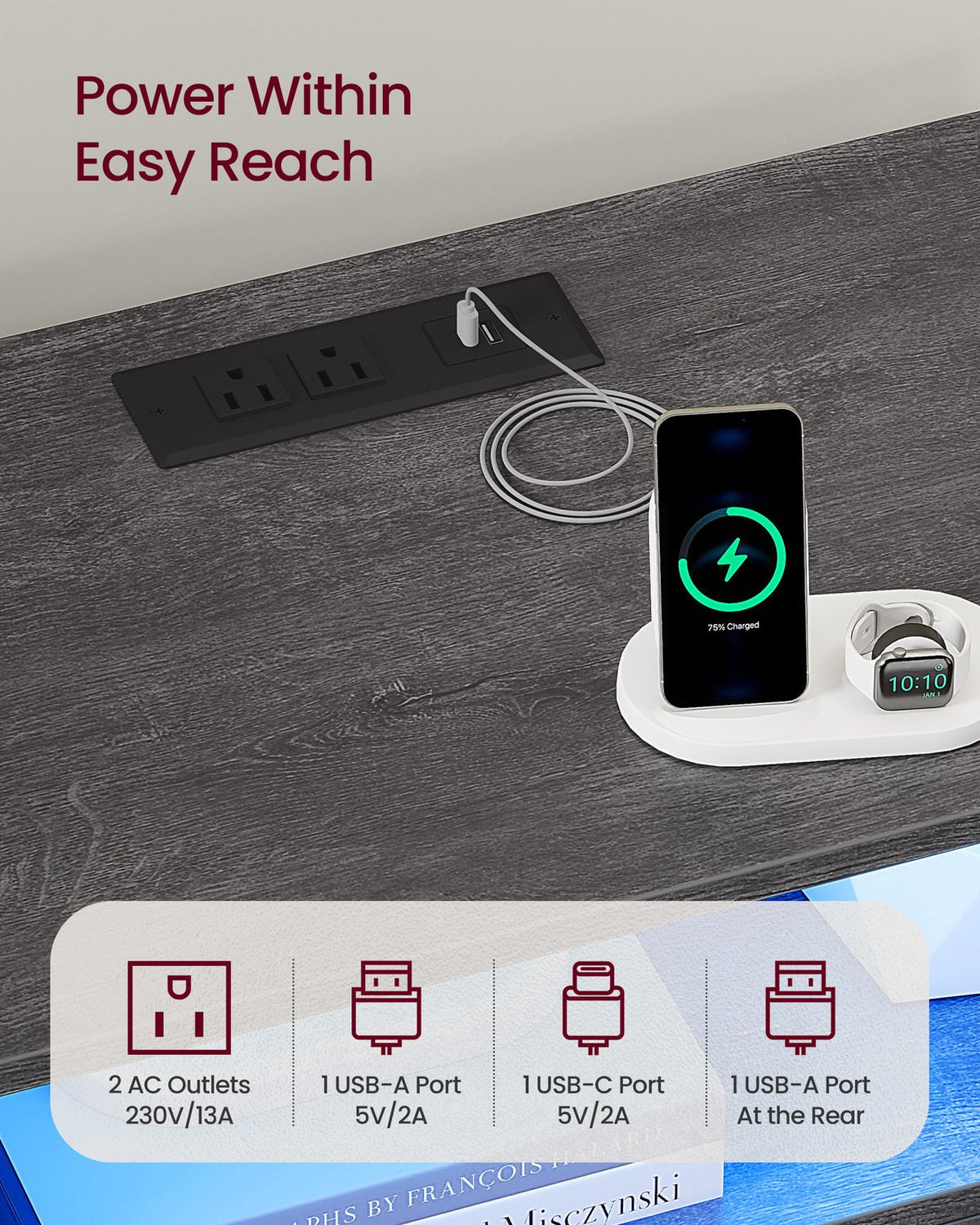 Nightstand With Charging Station, LED Lights - product photo 35