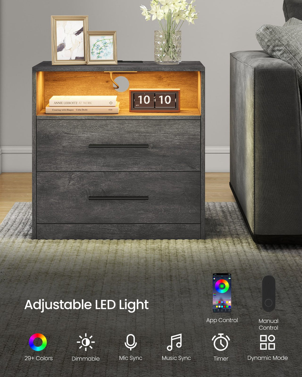 Nightstand With Charging Station, LED Lights - product photo 36